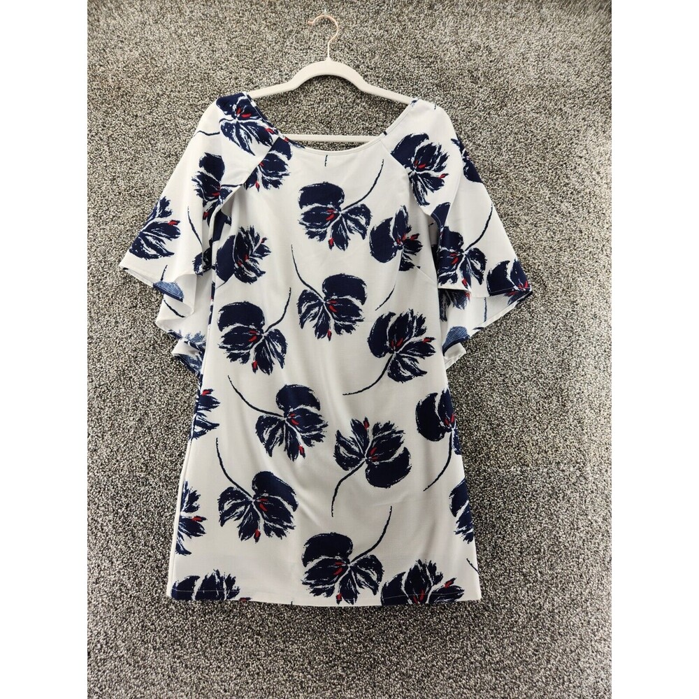 Arc & Co White & Blue Floral Short Sleeve Knee Length Dress Sz S C0082